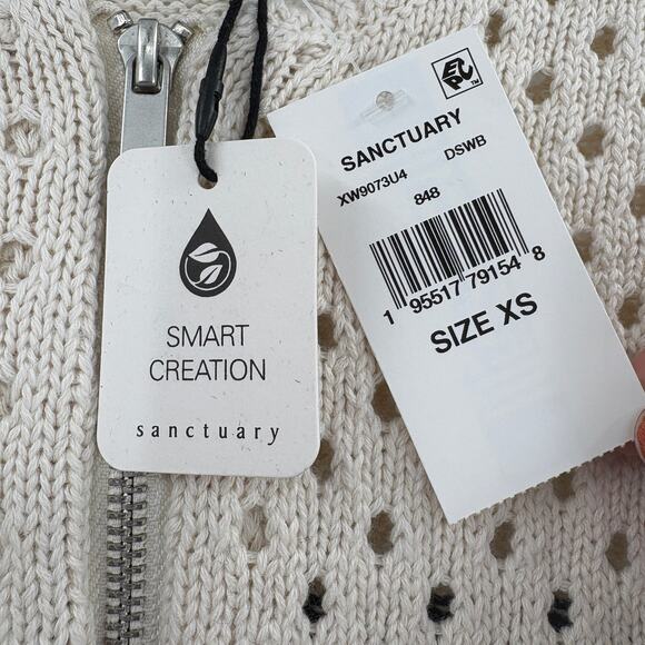 SANCTUARY Sweater Size XS NEW Open Knit Bomber Cardigan Cream Black Full Zip - Picture 3 of 8